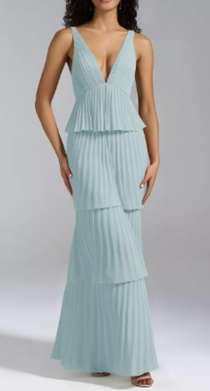 AW BRIDAL 2 XS skylight blue Asma tier pleated backless maxi dress NEW B28